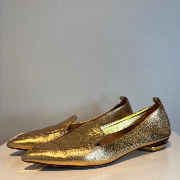 Nicholas Kirkwood Metallic Gold Leather Beya Pointed Toe Loafers Size 38 - Picture 1 of 14